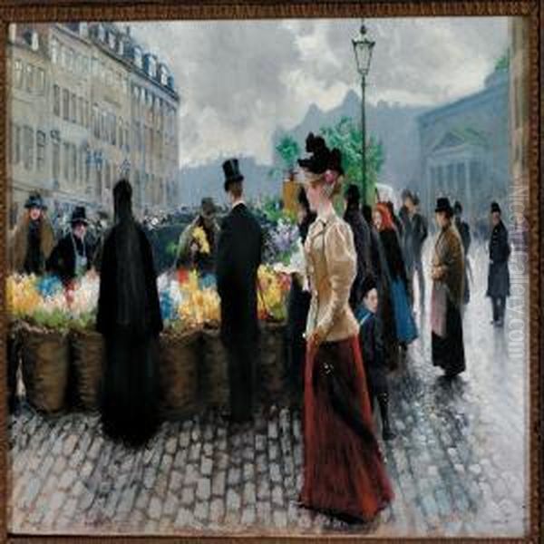 A Well-dressed Woman Passing The Flower Market At Hojbro Plads In Copenhagen Oil Painting by Paul-Gustave Fischer