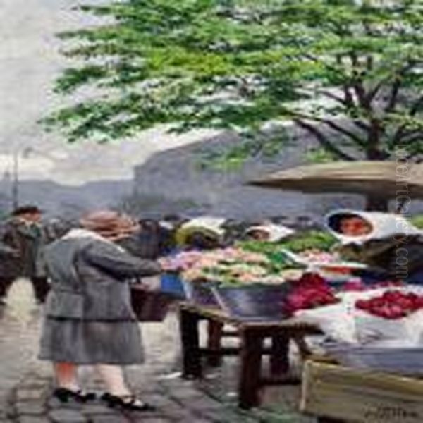 Flower Sellers In H jbro Plads In Copenhagen, In Thebackground Christiansborg Oil Painting by Paul-Gustave Fischer