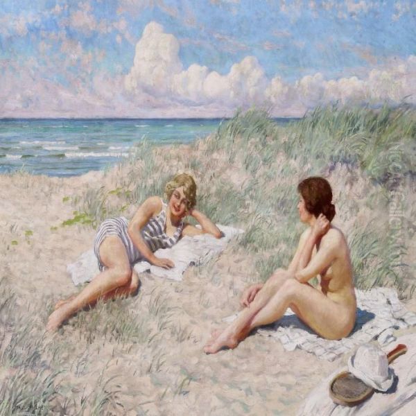 Two Young Women In The Sand Dunes, Hornb k Oil Painting by Paul-Gustave Fischer