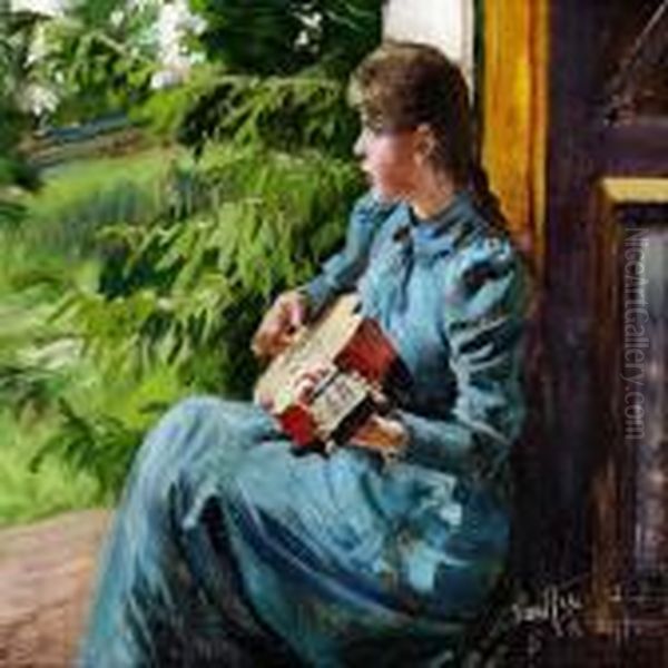 Soffy Lasson Playing The Guitar Oil Painting by Paul-Gustave Fischer