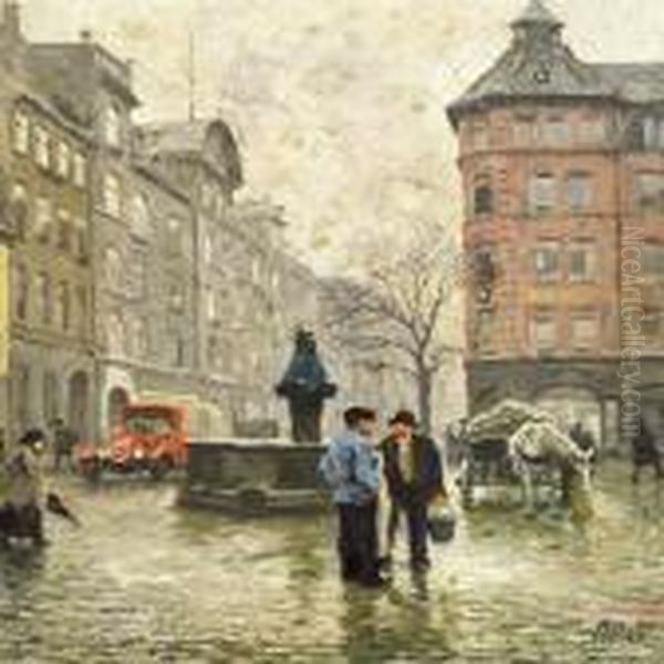 View Of The Fountain With The Lion Heads At Vandkunsten Incopenhagen Oil Painting by Paul-Gustave Fischer