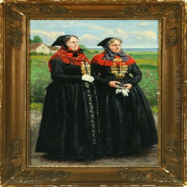 Two Women In Amager Costumes From Tarnby Parish Oil Painting by Paul-Gustave Fischer