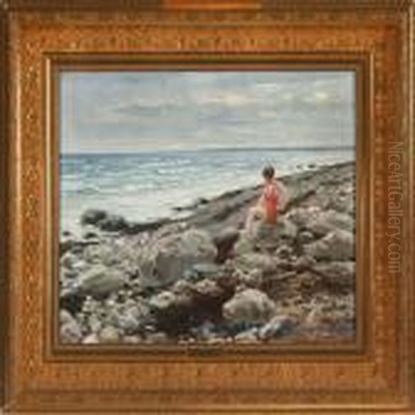 Coastal Scenery With A Woman In A Red Swimsuit by Paul-Gustave Fischer