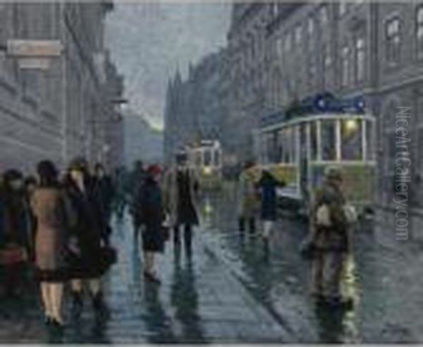 Tramcars On Bredgade Street, Copenhagen Oil Painting by Paul-Gustave Fischer