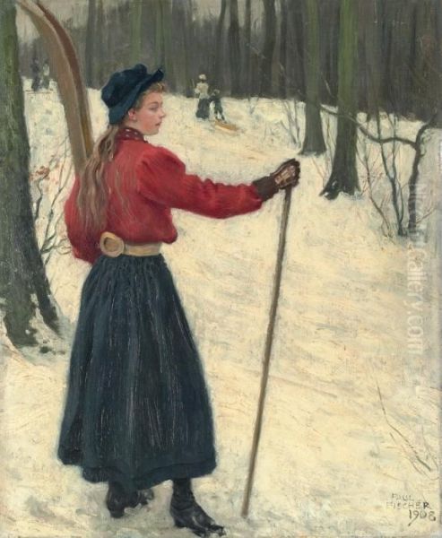 Skiers In A Snowy Wood Oil Painting by Paul-Gustave Fischer