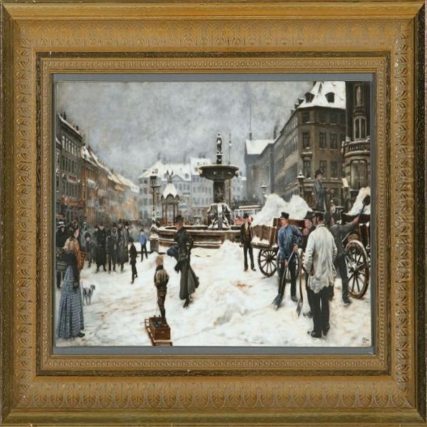 Three Porcelain Plaques Printed In Colours With Scenes From Copenhagen Oil Painting by Paul-Gustave Fischer