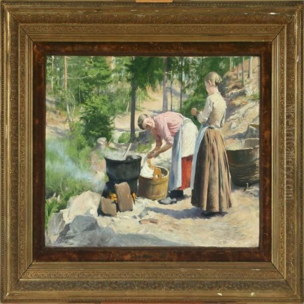 Forest Scenery With Two Young Women Washing Clothes Oil Painting by Paul-Gustave Fischer