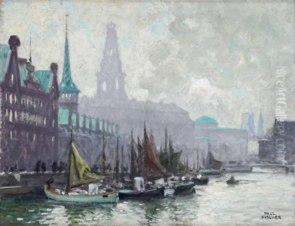 Kajmotiv Med Christiansborgs Slott, Kopenhamn. Oil Painting by Paul-Gustave Fischer