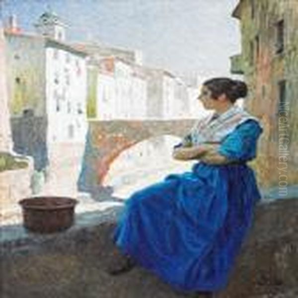 A Young Italien Woman Sitting At A Brigde, San Remo Oil Painting by Paul-Gustave Fischer