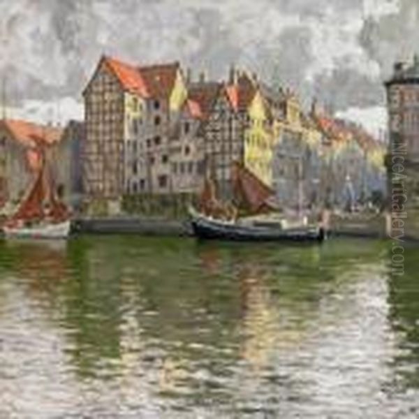 Scenery From Christianshavn Canal, Copenhagen, With The Laterdemolished Buildings Oil Painting by Paul-Gustave Fischer