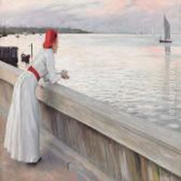 A Young Woman Watchingthe Sea In The Evening Sun Oil Painting by Paul-Gustave Fischer