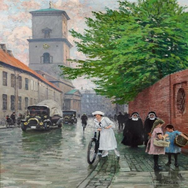 Elegant Young Lady With Her Bicyle, Two Nuns And Two Little Girls Oil Painting by Paul-Gustave Fischer