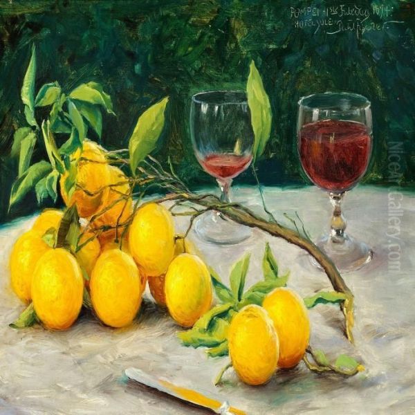 Still Life With Oranges On A Twig, A Knife And Two Glasses Of Red Wine On A Table Oil Painting by Paul-Gustave Fischer