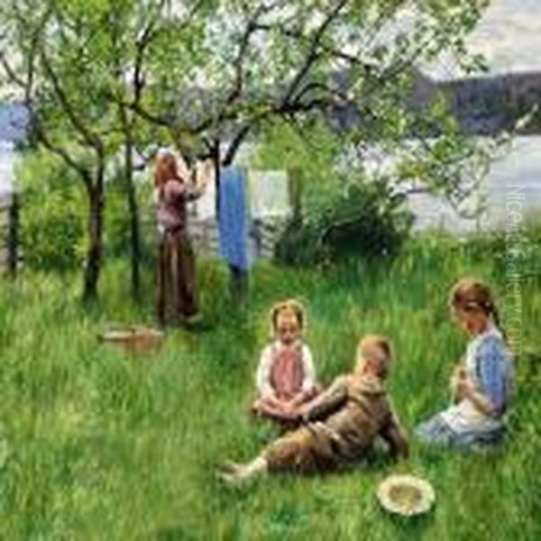 Three Children Playing In A Garden On A Summer's Day Hvidsten The Oslo Fiord Oil Painting by Paul-Gustave Fischer