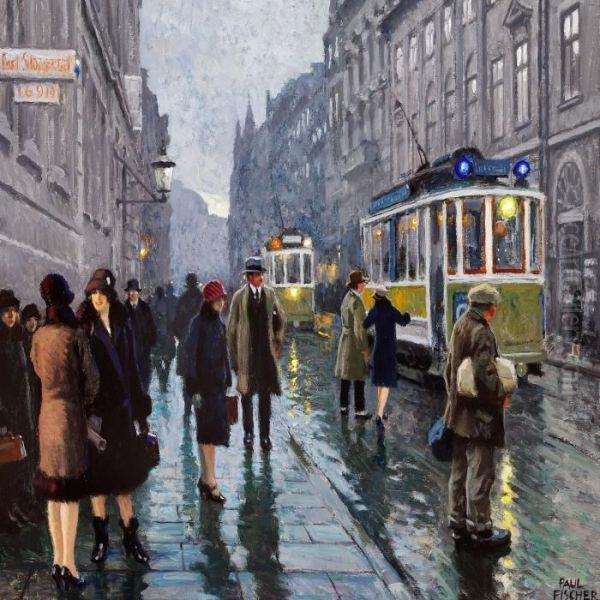 Street Life And Tramcars On Bredgade In Copenhagen Oil Painting by Paul-Gustave Fischer