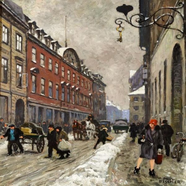 View Of Skindergade In Copenhagen On A Winter Day Oil Painting by Paul-Gustave Fischer