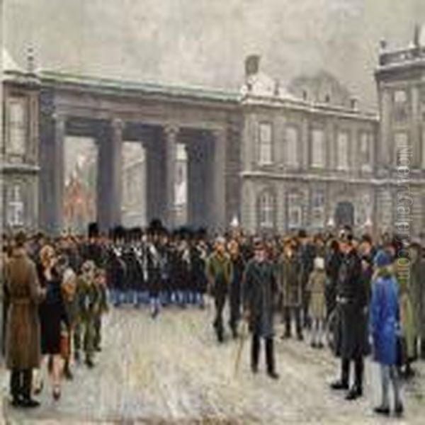 The King's Guards In Amalienborg Square Oil Painting by Paul-Gustave Fischer