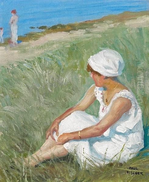 Beach Scenery With Young Girl. Signed Paul Fischer Oil Painting by Paul-Gustave Fischer