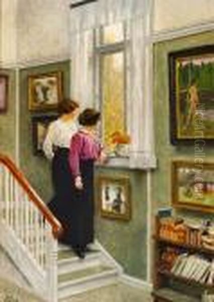 The Artist's Wife And Daughter In The Hall Of Their Villa On Sofievej, Hellerup Oil Painting by Paul-Gustave Fischer