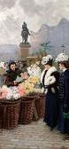 Two Elegant Ladies Buying Flowers At Hojbro Plads Oil Painting by Paul-Gustave Fischer