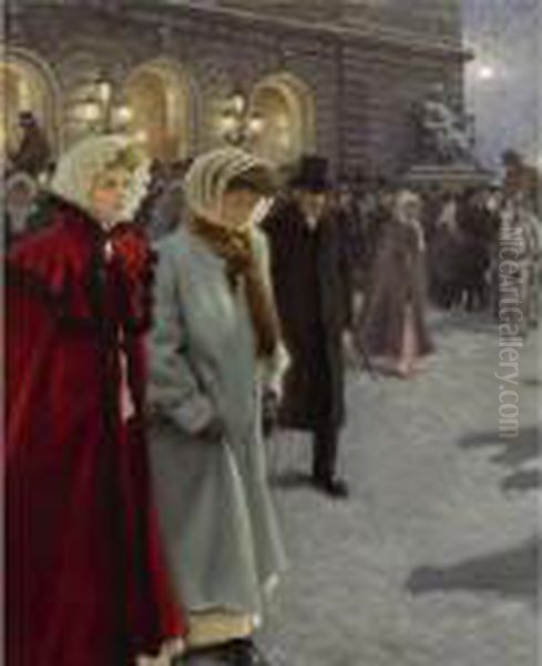 Efter Forestillingen Udenfor Det
 Kongelige Teater (after The Play Outside The Royal Theatre) Oil Painting by Paul-Gustave Fischer