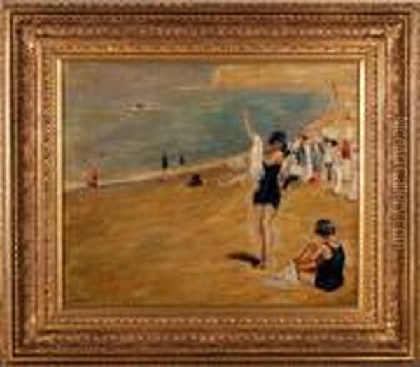 An Early 20th Century Beach Scene With Bathers Andspectators Oil Painting by Paul-Gustave Fischer