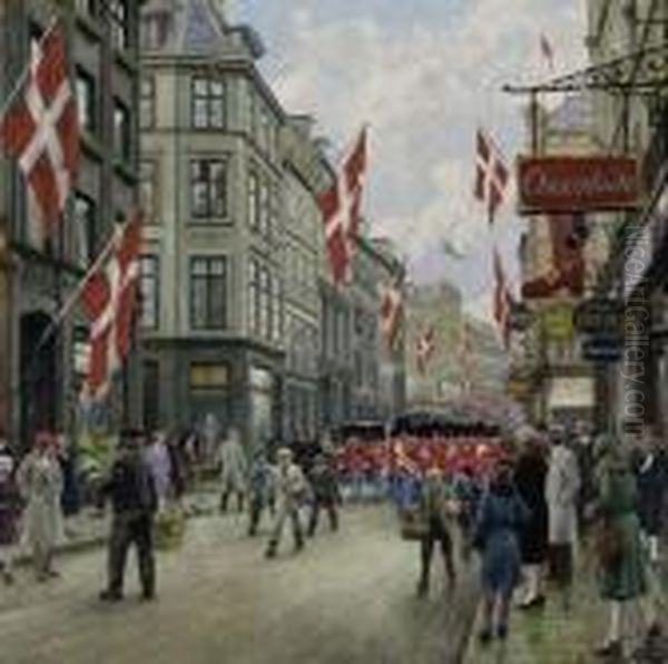 Danish Royal Guards March In Their Full Dress Uniform Oil Painting by Paul-Gustave Fischer