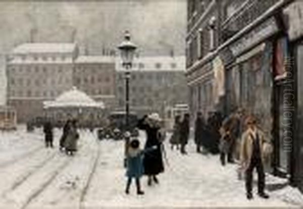 Figures In A Town Square In Winter Oil Painting by Paul-Gustave Fischer