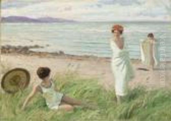 Female Bathers On A Beach Oil Painting by Paul-Gustave Fischer