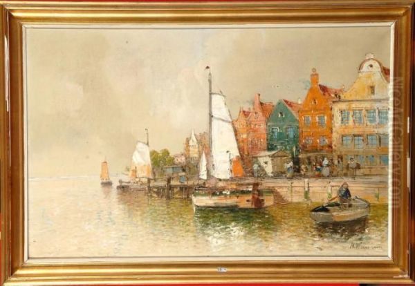 Quai Anime En Hollande Oil Painting by Georg Fischof