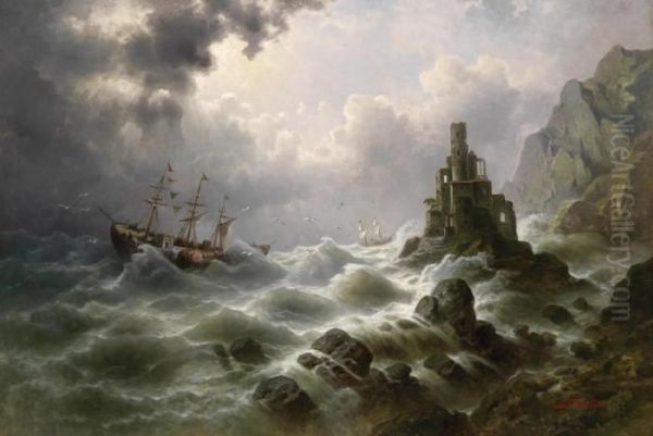 Stormy Sea With Lighthouse On The Coast Oil Painting by Georg Fischof