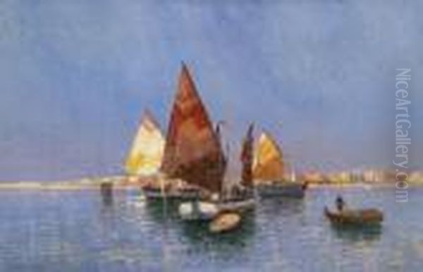 Sailing Vessels By A Southern Port Oil Painting by Georg Fischof