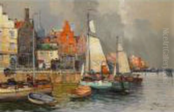 Busy Port With Fishing Boats And Villagers Oil Painting by Georg Fischof