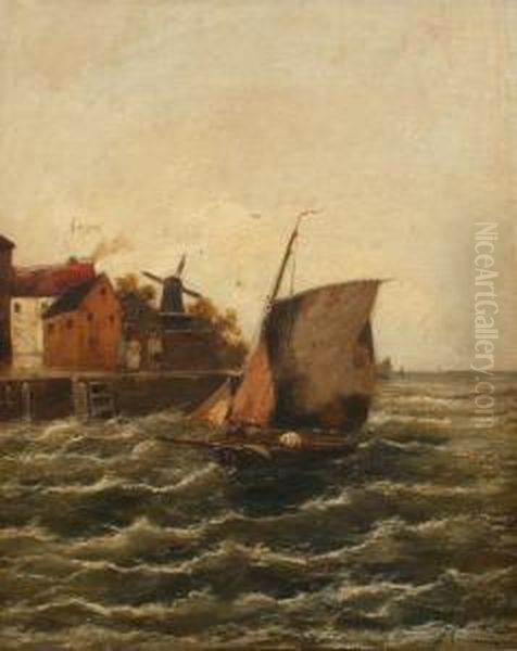 Sailing Vessel Coming Into A Stormy Port Oil Painting by Georg Fischof