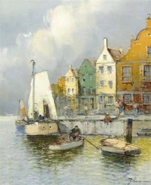 A Dutch Harbour View Oil Painting by Georg Fischof