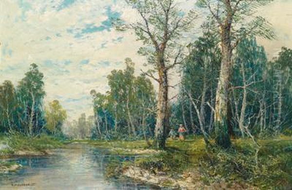 Holzsammlerin In Der Lobau Oil Painting by Georg Fischof