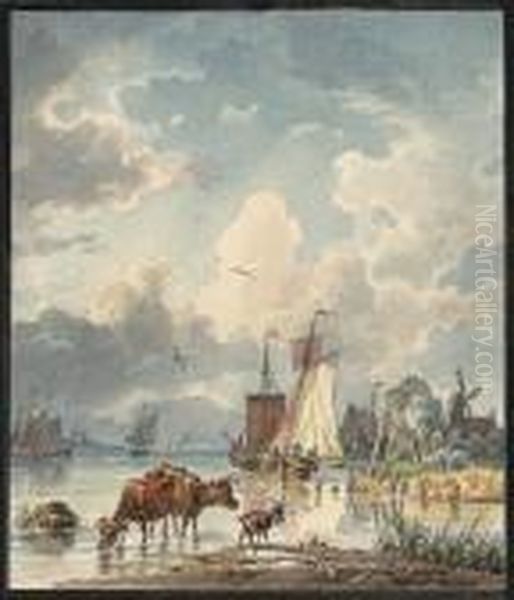 Niederlandische Flusslandschaft Oil Painting by Georg Fischof