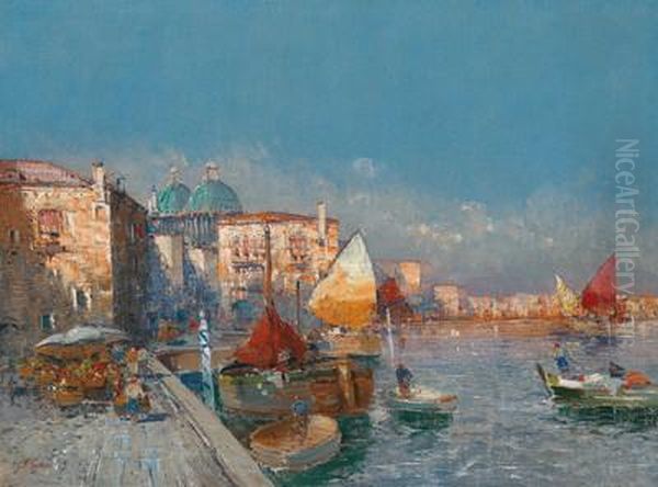 View Of A Southern Harbour Oil Painting by Georg Fischof