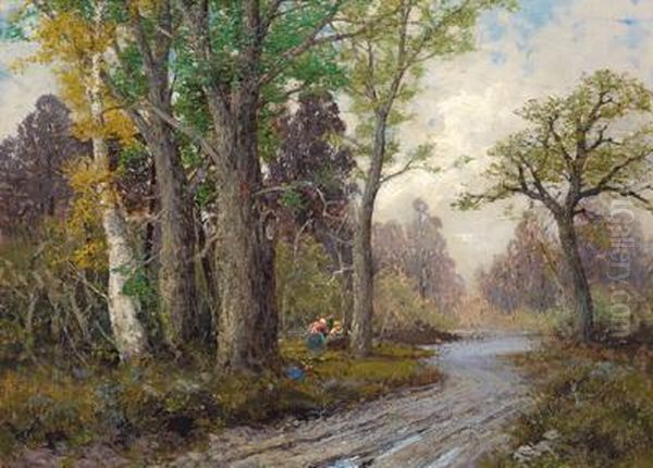 Reisigsammlerinnen Im Herbstwald Oil Painting by Georg Fischof