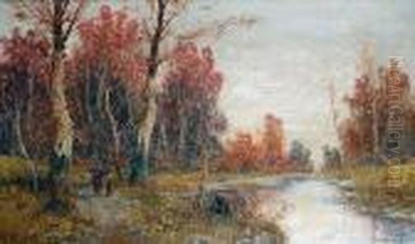 Figures In An Autumnal Landscape Oil Painting by Georg Fischof