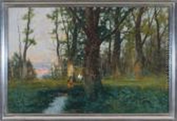 Bauernpaar An Einem Tumpel Auf Einer Waldlichtung Bei Dammerung Oil Painting by Georg Fischof