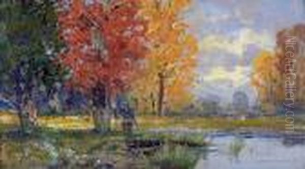 Munchner Kunstgewerbeschule) Herbstliche Teichlandschaft Oil Painting by Georg Fischof