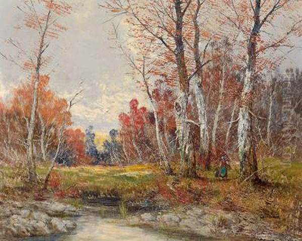 Herbstwald Mit Holzsammlern Oil Painting by Georg Fischof