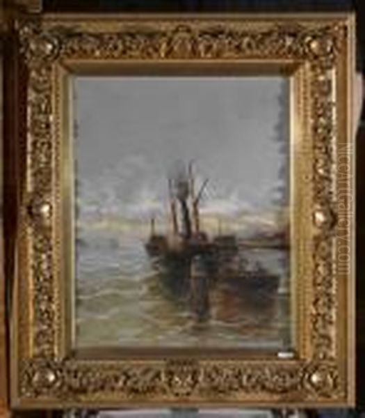 Schiffe Vor Dem Ufer. Oil Painting by Georg Fischof