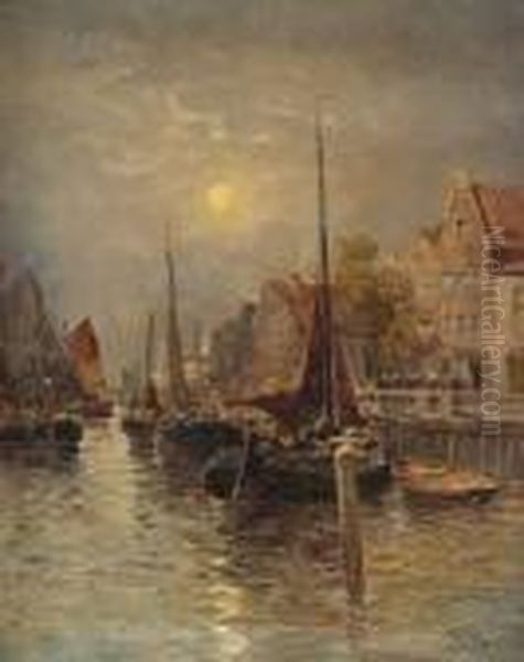 Hollandische Kustenstadt Mit Fischerbooten. Oil Painting by Georg Fischof