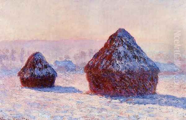 Grainstacks In The Morning Snow Effect Oil Painting by Claude Oscar Monet