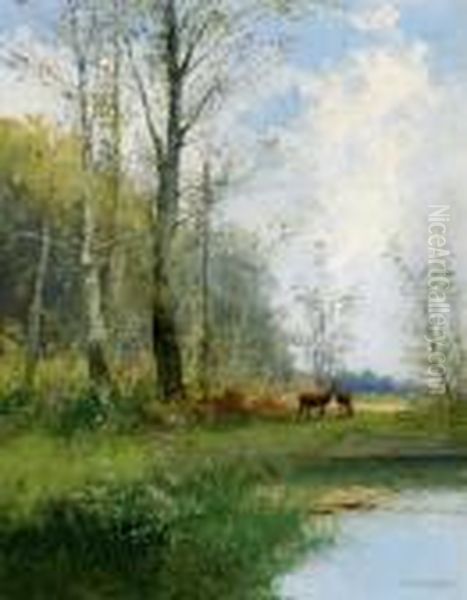 Aulandschaft Mit Wildenten Bzw. Rotwild Auf Waldlichtung Oil Painting by Georg Fischof