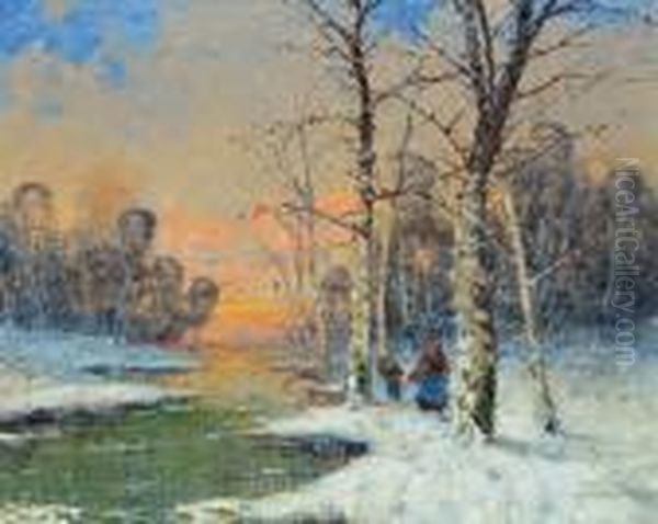 Winterliche Abendstimmung Am Flus Oil Painting by Georg Fischof