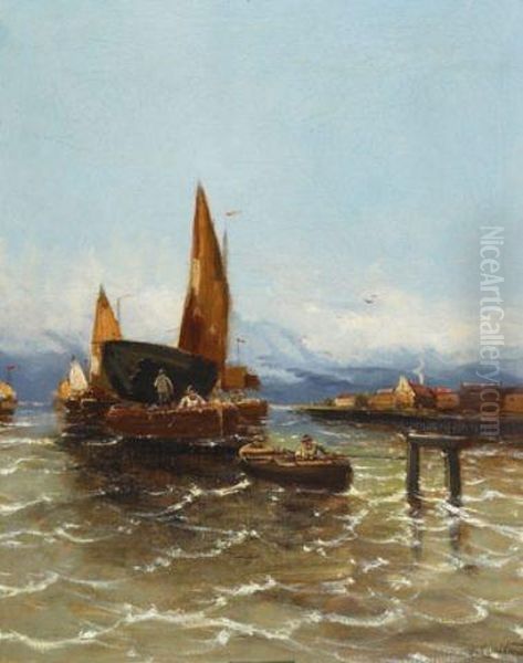 Fishing Boats In A Harbour Oil Painting by Georg Fischof