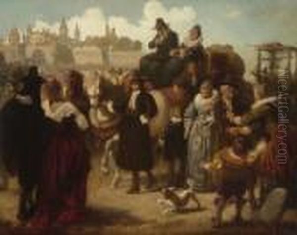 Reisende Weber Mit Ihren Wagen Vor
 Der Stadt. Oil Painting by Georg Fischof